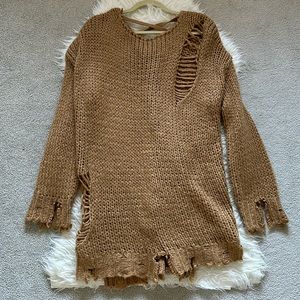 Hot & Delicious Distressed Tan Fall Cable Knit Sweater w/Lace-Up Back - M/L